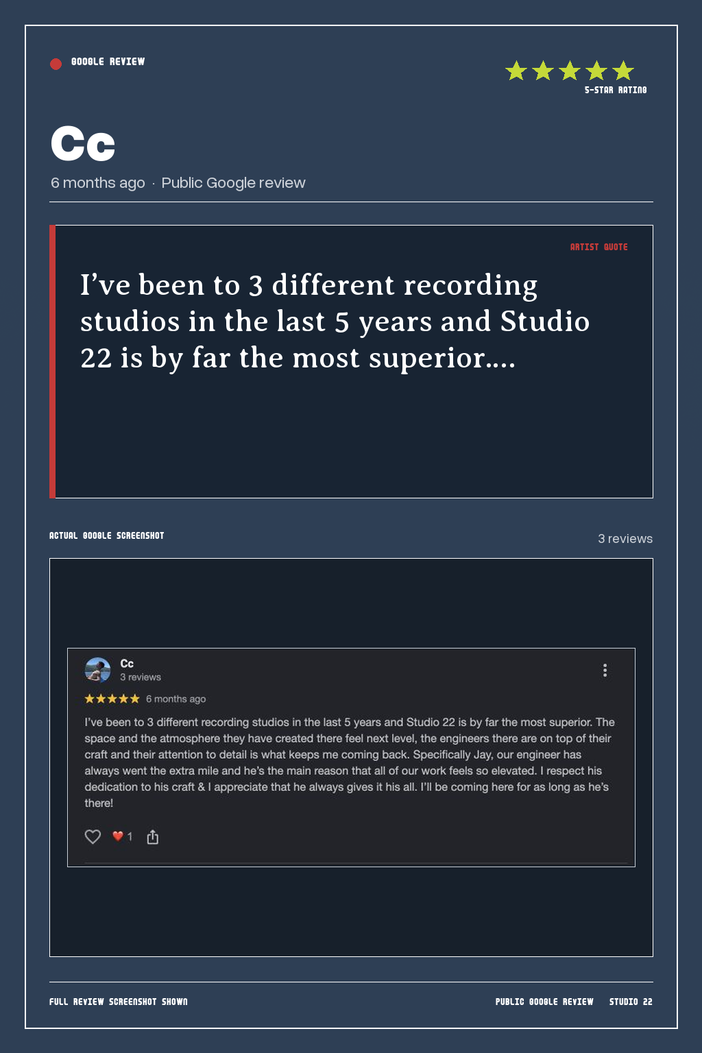 Studio 22 Google review card for Cc, rated 5 out of 5. I’ve been to 3 different recording studios in the last 5 years and Studio 22 is by far the most superior.…