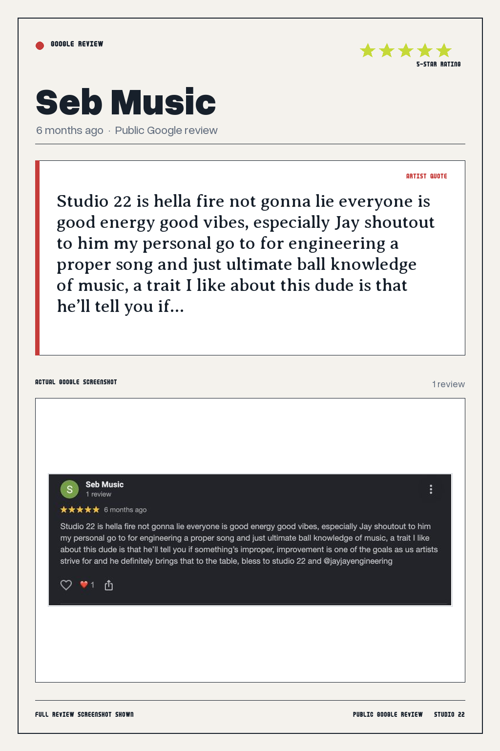 Studio 22 Google review card for Seb Music, rated 5 out of 5. Studio 22 is hella fire not gonna lie everyone is good energy good vibes, especially Jay shoutout to him my personal go to for engineering a proper song and just ultimate ball knowledge of music, a trait I like about this dude is that he’ll tell you if…
