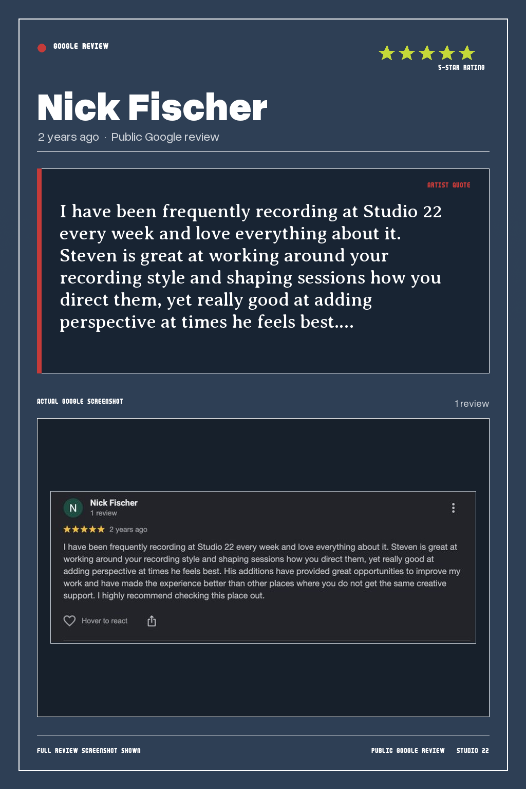 Studio 22 Google review card for Nick Fischer, rated 5 out of 5. I have been frequently recording at Studio 22 every week and love everything about it. Steven is great at working around your recording style and shaping sessions how you direct them, yet really good at adding perspective at times he feels best.…