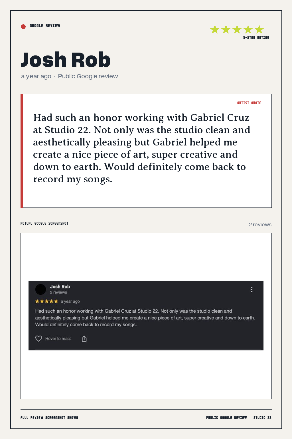 Studio 22 Google review card for Josh Rob, rated 5 out of 5. Had such an honor working with Gabriel Cruz at Studio 22. Not only was the studio clean and aesthetically pleasing but Gabriel helped me create a nice piece of art, super creative and down to earth. Would definitely come back to record my songs.
