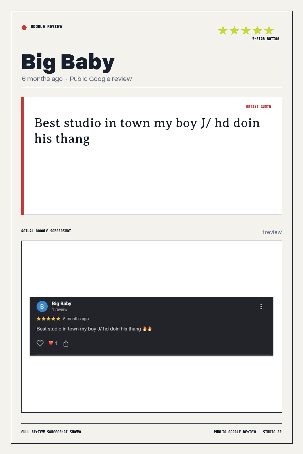 Studio 22 Google review card for Big Baby, rated 5 out of 5. Best studio in town my boy J/ hd doin his thang