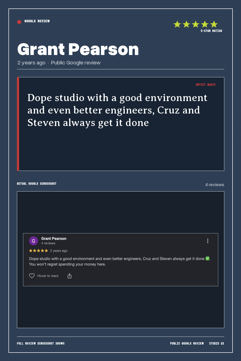 Studio 22 Google review card for Grant Pearson, rated 5 out of 5. Dope studio with a good environment and even better engineers, Cruz and Steven always get it done