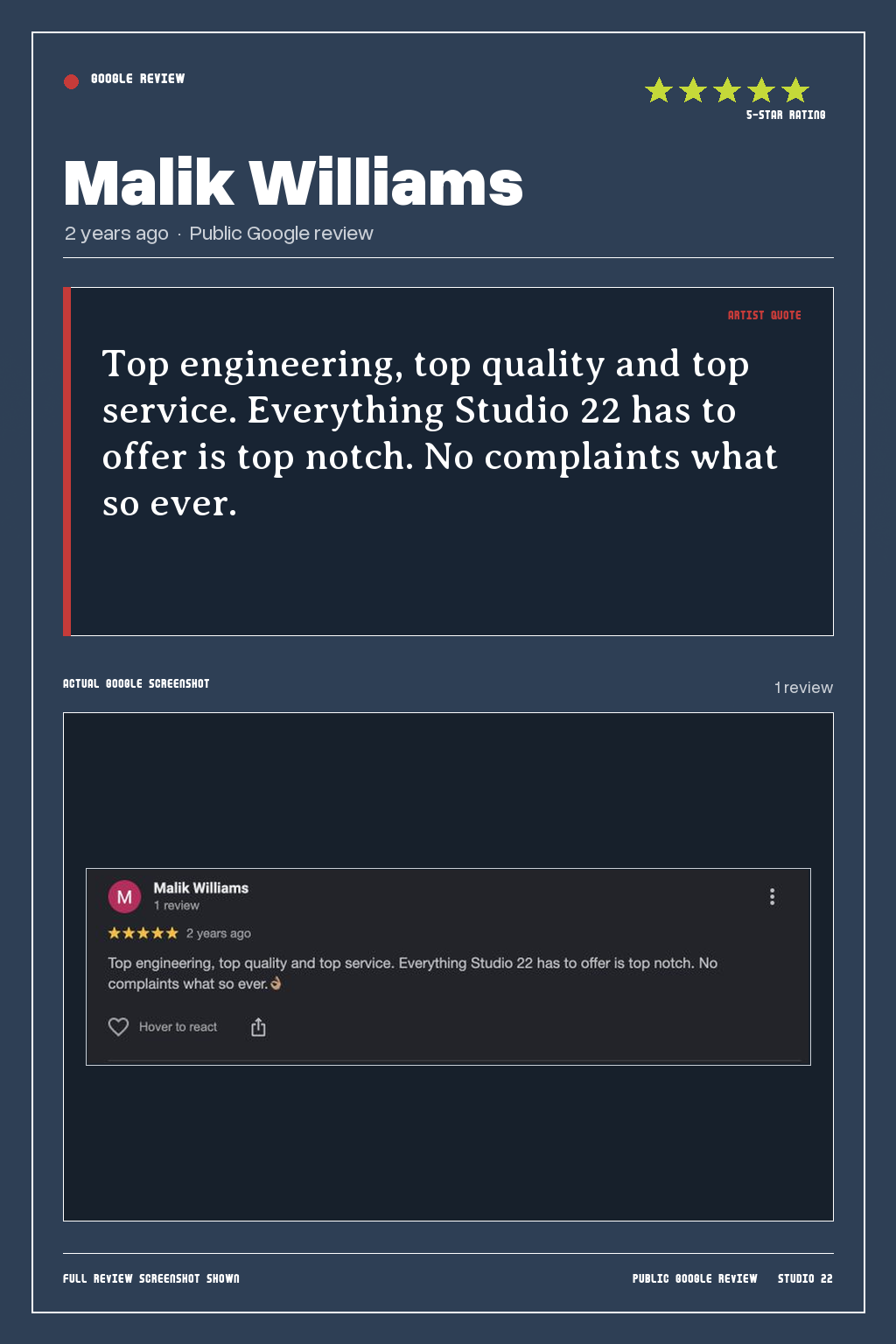 Studio 22 Google review card for Malik Williams, rated 5 out of 5. Top engineering, top quality and top service. Everything Studio 22 has to offer is top notch. No complaints what so ever.