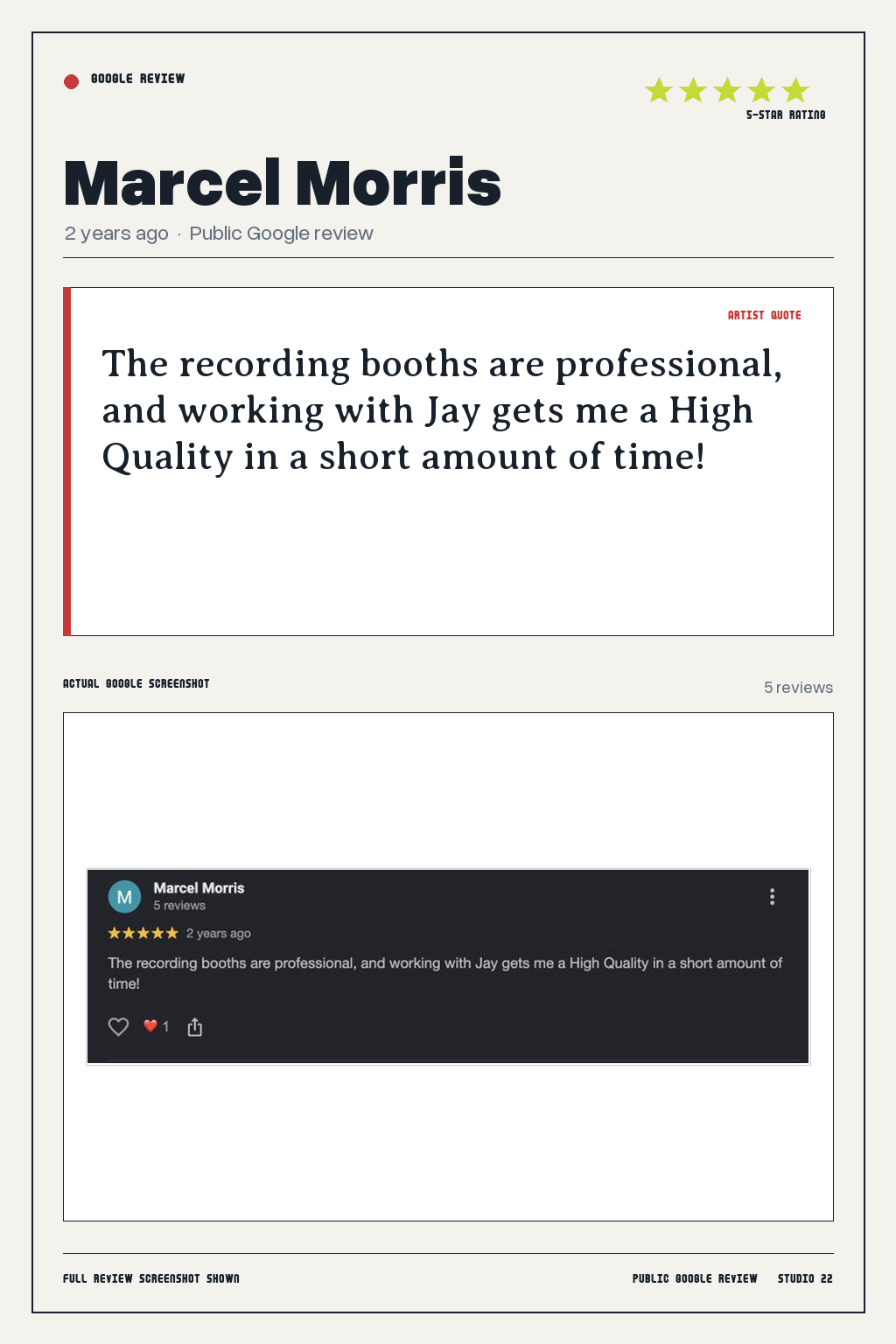 Studio 22 Google review card for Marcel Morris, rated 5 out of 5. The recording booths are professional, and working with Jay gets me a High Quality in a short amount of time!