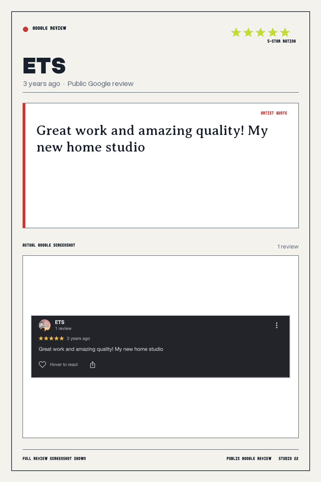Studio 22 Google review card for ETS, rated 5 out of 5. Great work and amazing quality! My new home studio